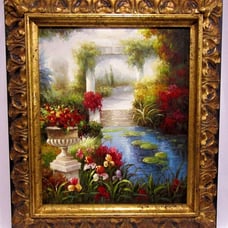 Original Oil Painting on Canvas ITALIAN GARDEN LILY POND Signed Framed