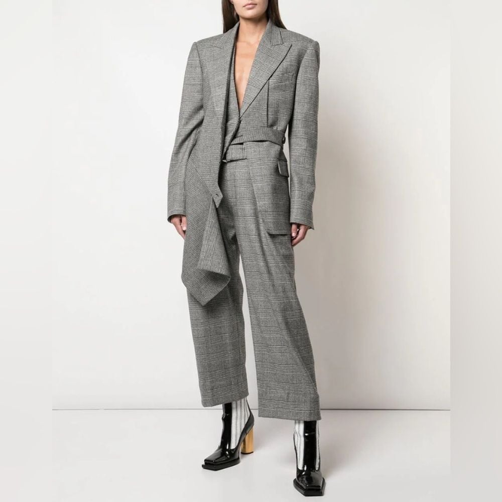 2,300 Proenza Schouler Asymmetric Draped Plaid Blazer jacket gray cashmere