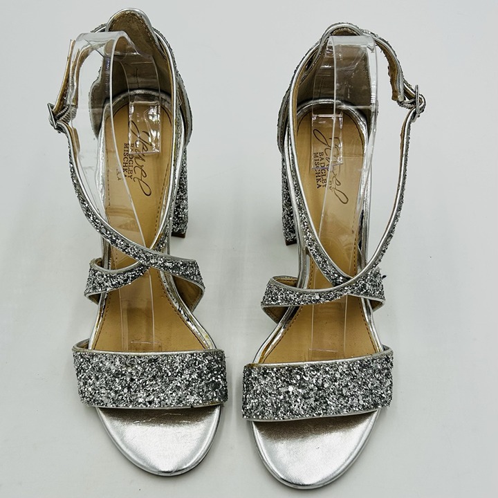 Jewel Badgley Mischka Cook 4” High Block Heels Silver Glitter Size 8.5