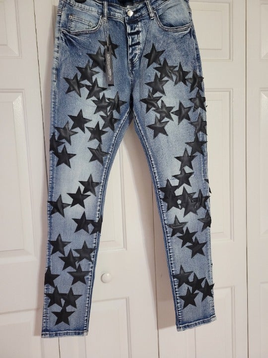 Authentic 100% Amiri Men Black Stars & Blue Leather Applique Jeans Siz