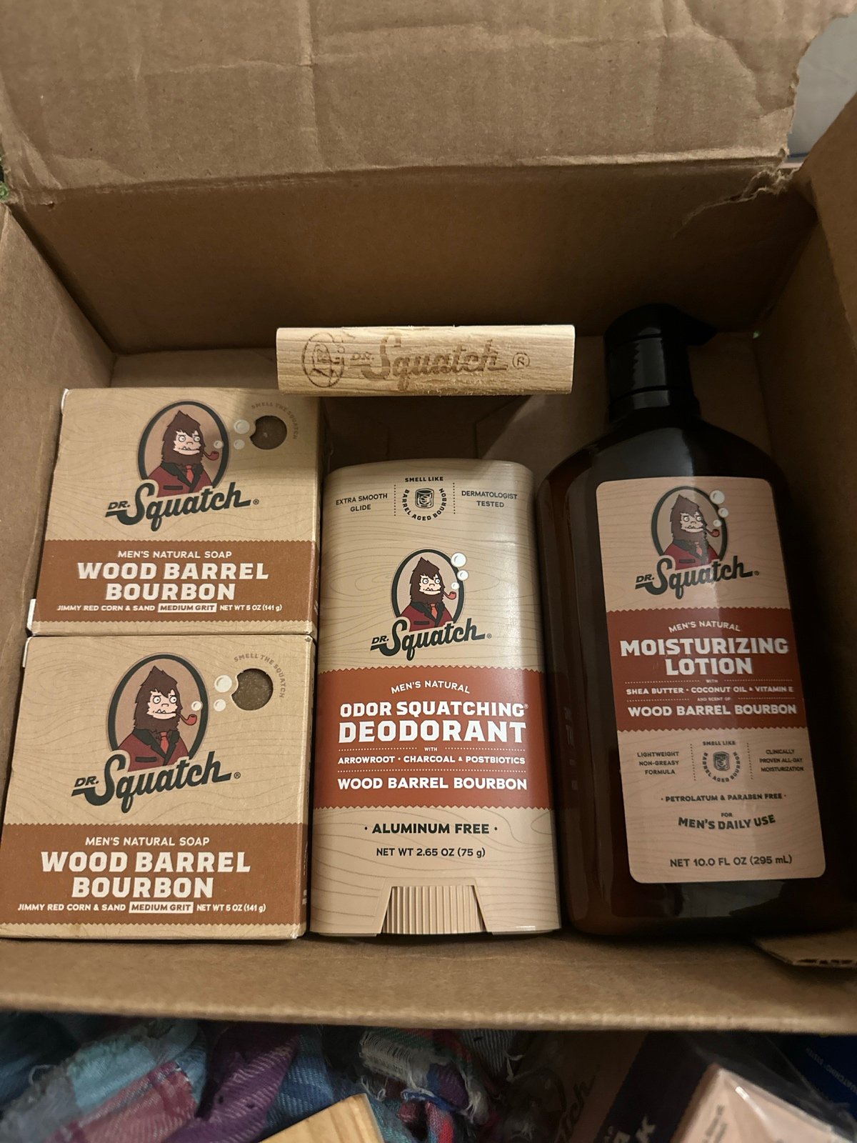 Dr Squatch wood barrel bourbon lot with 2 soaps, lotion and deodorant