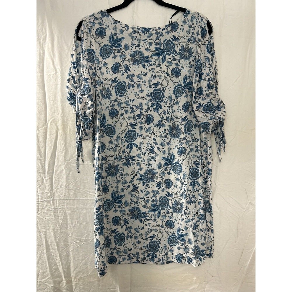 H&M Blue Floral Shirt Dress with Cold Shoulder Tie Sleeves
