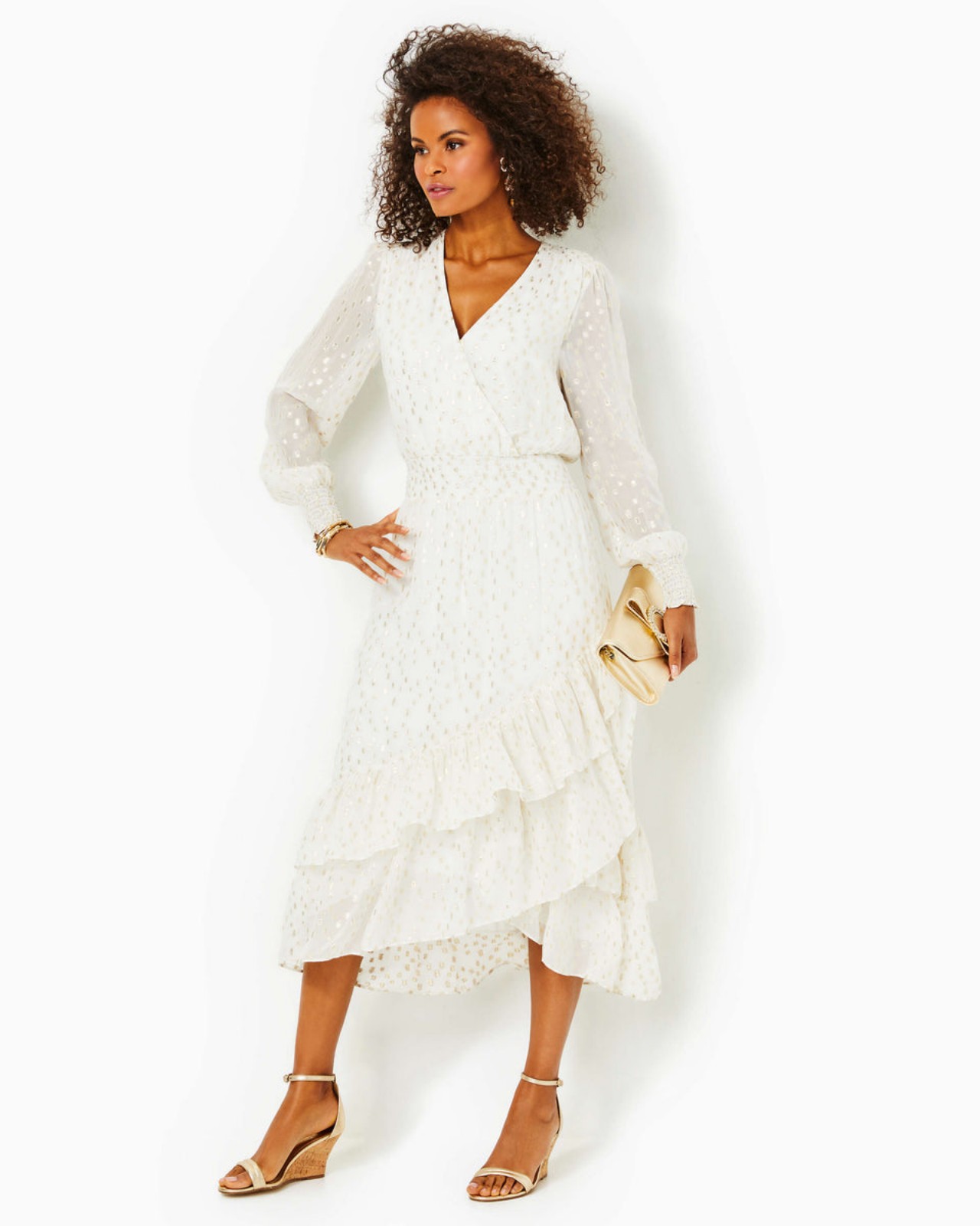 Lilly Pulitzer Cristiana Long Sleeve Midi Dress in Coconut Metallic Clip Dobby