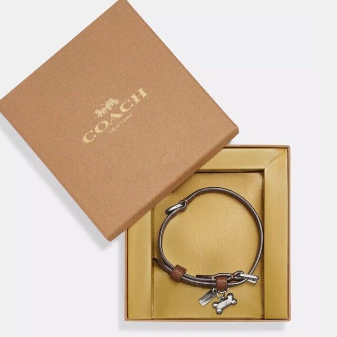 NEW COACH Signature KHAKI SADDLE BROWN Leather SMALL PET Dog COLLAR Bone Charm