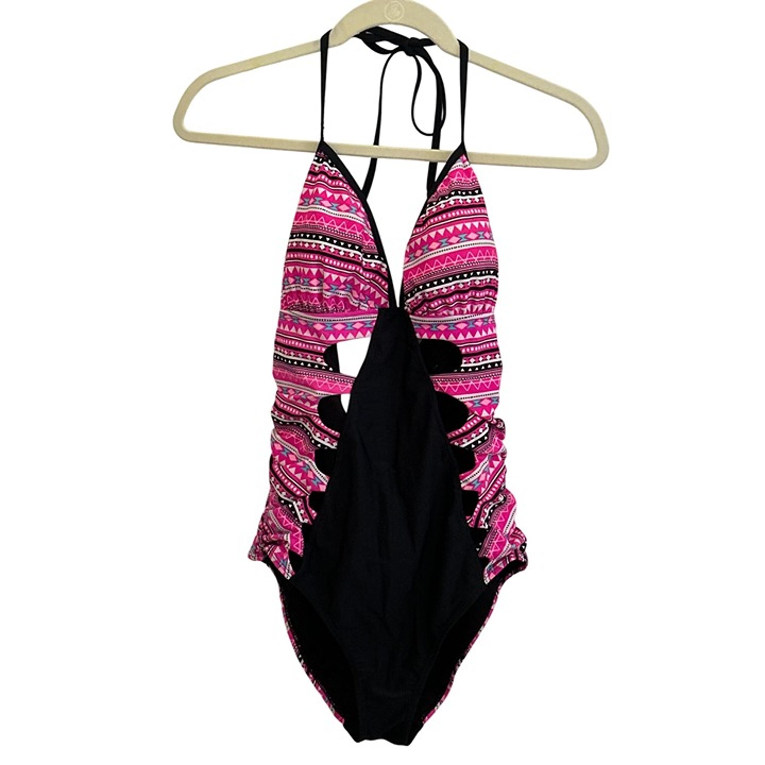 Bongo Pink & Black Aztec Print One-Piece Swimsuit With Side Cutouts & Halter Tie