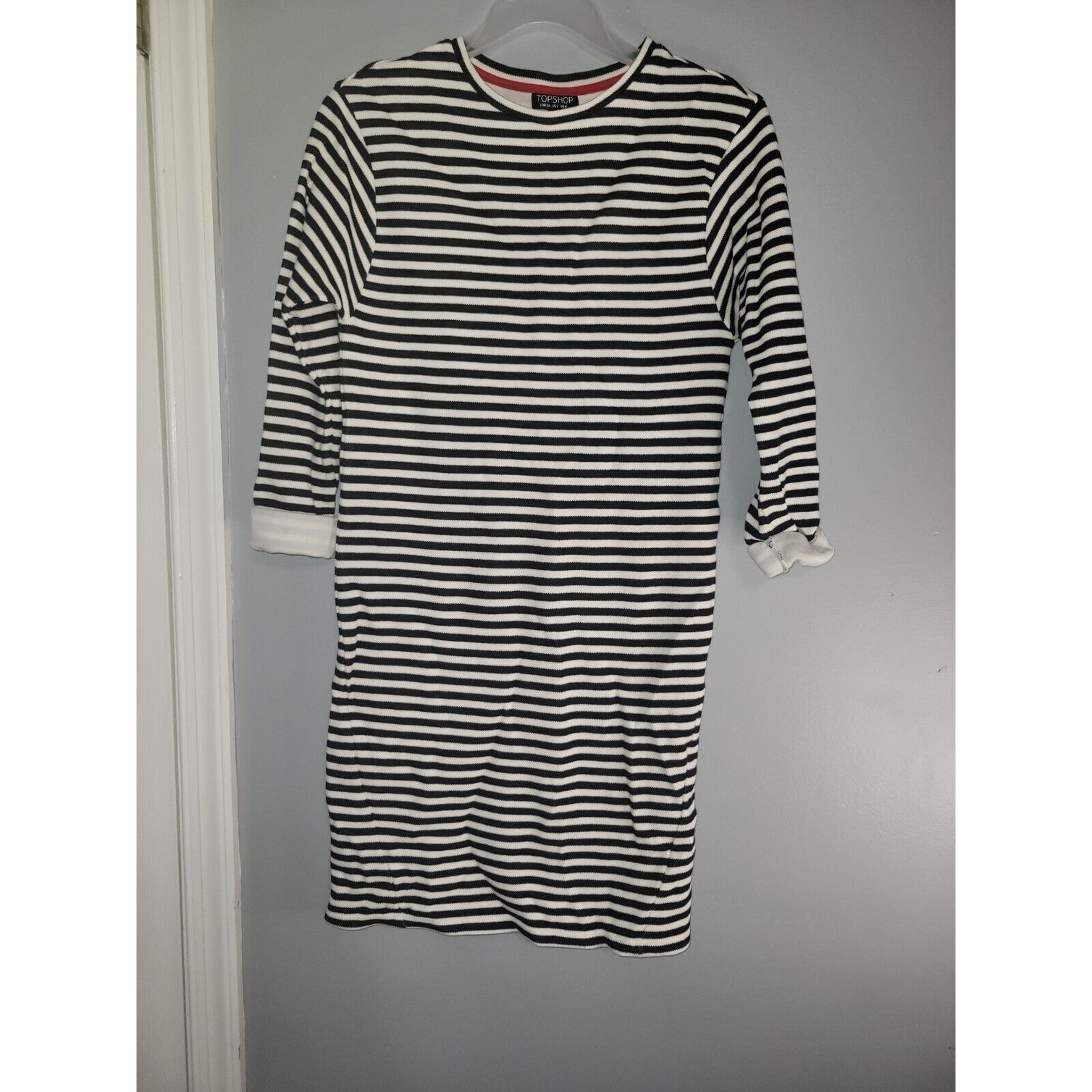 Topshop Women's Size 2 Black White Striped Knit Tunic Cuffed Sleeved Dress