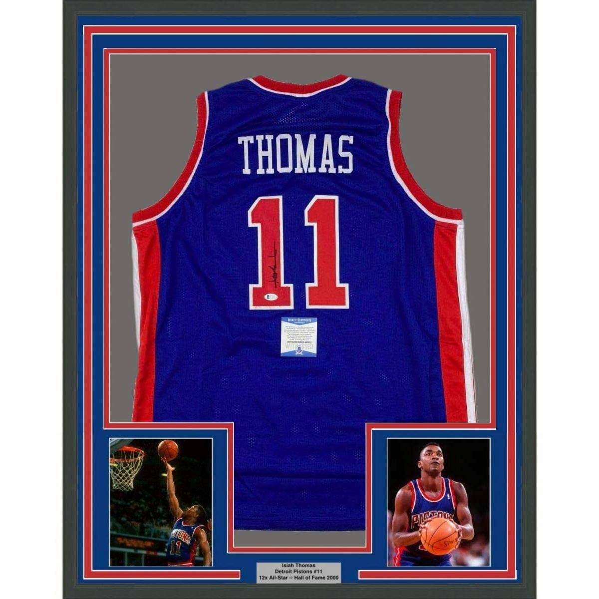 Framed Autographed/Signed Isiah Thomas 35x39 Detroit Blue Jersey Beckett BAS COA
