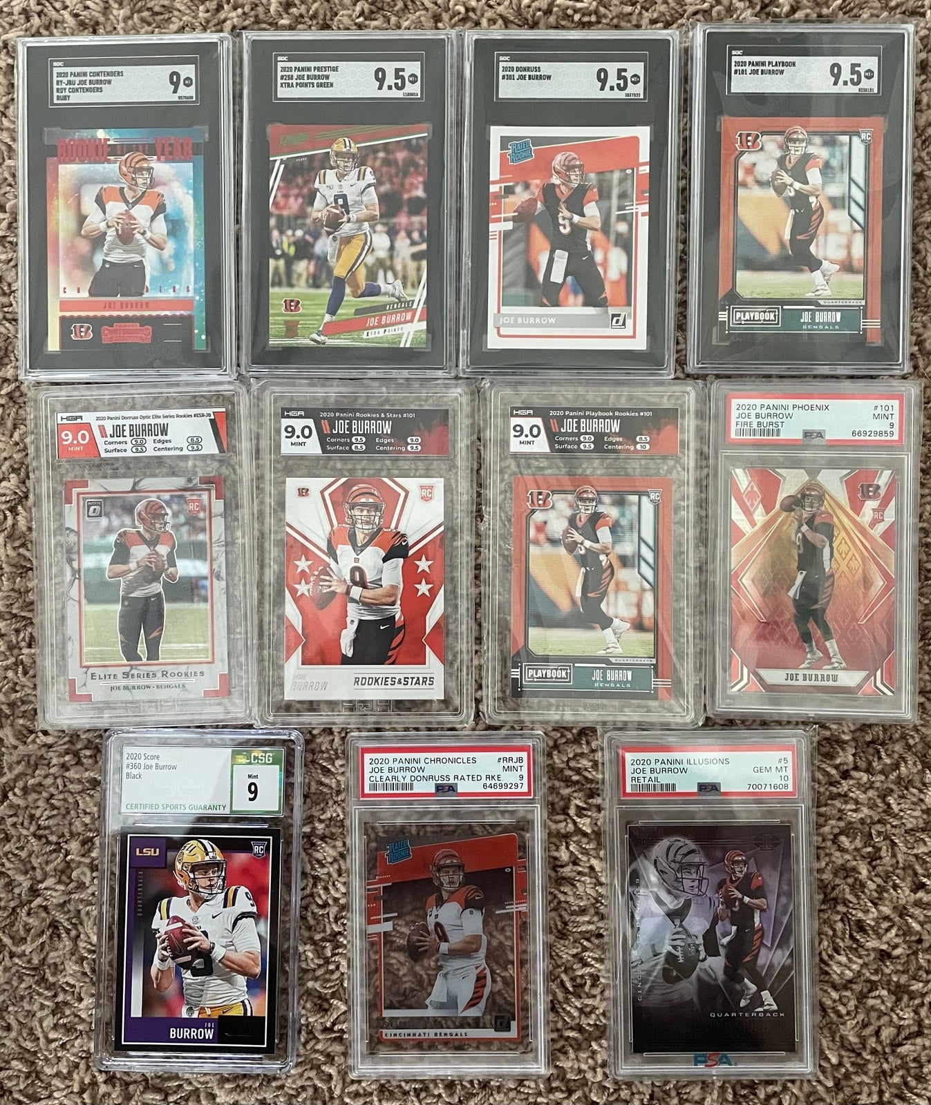 “11 CARDS” Joe Burrow 2020 Graded Rookie Lot