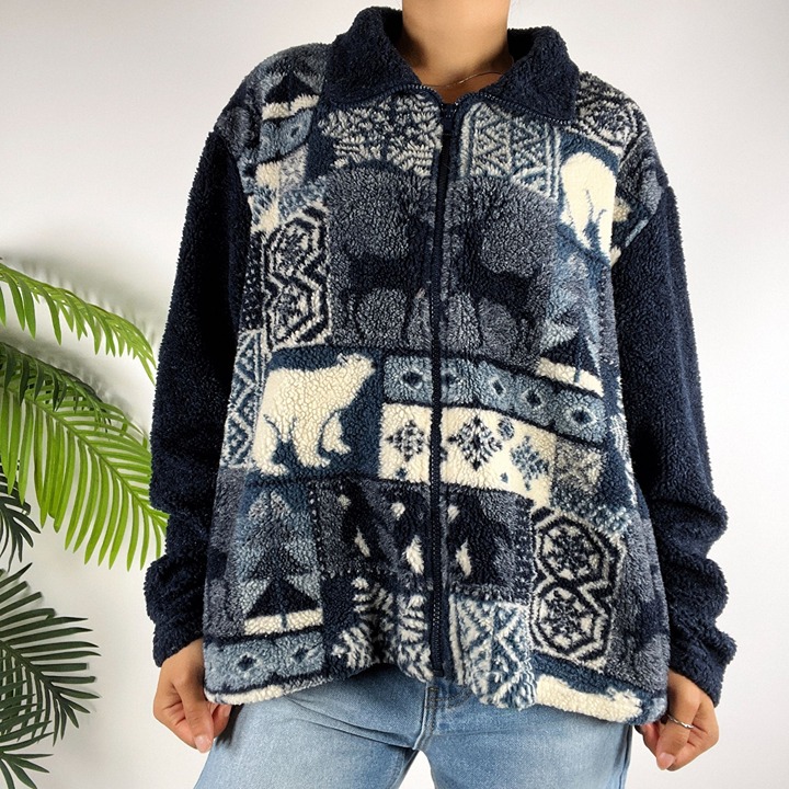 Vintage Outbrook Blue Patchwork Winter Grandmacore Fleece Teddy Zipper Jacket /L