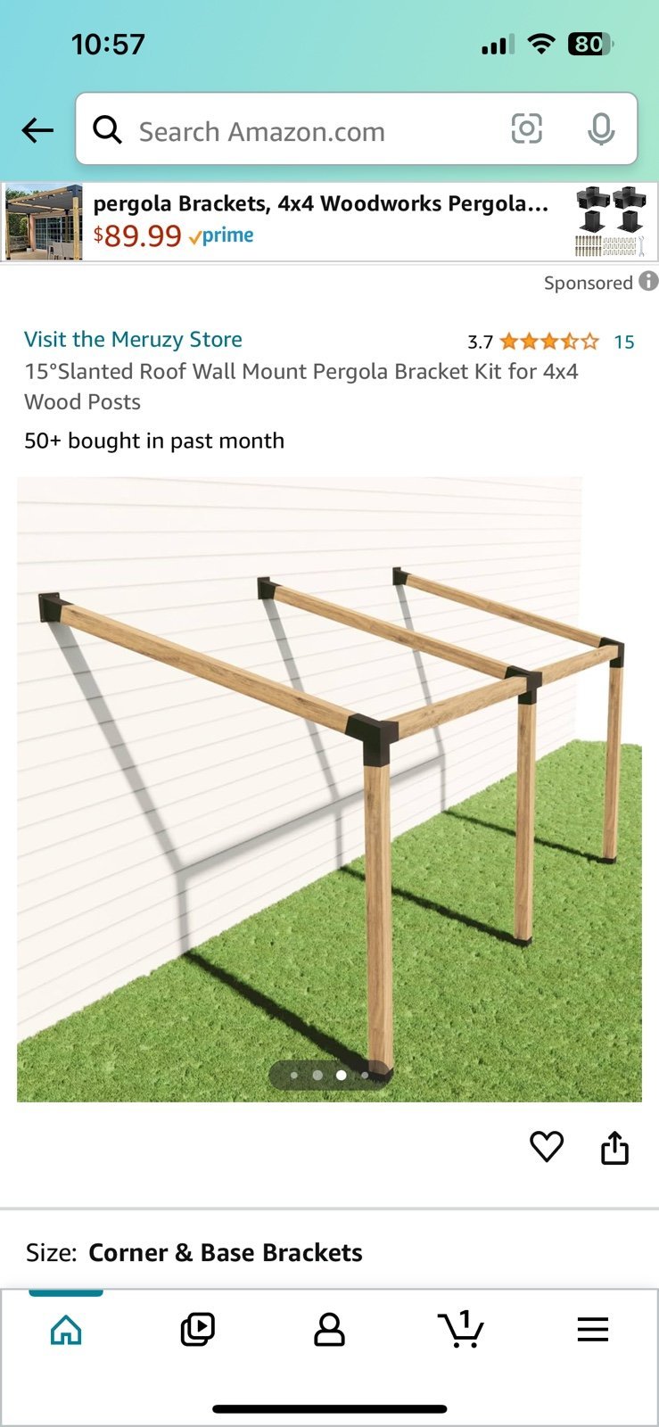 Meruzy 15°Slanted Roof Wall Mount Pergola Bracket Kit for 4x4 Wood Posts