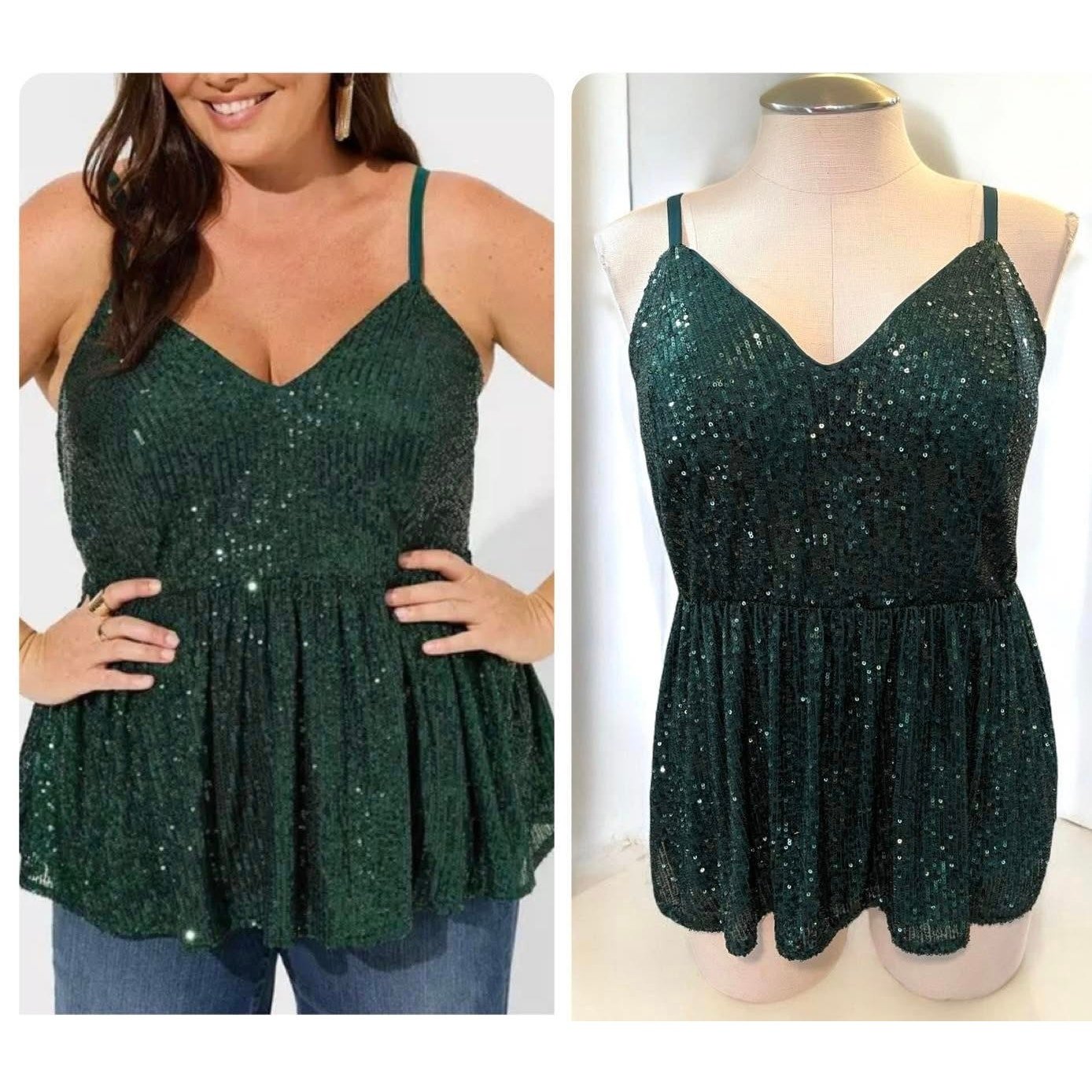 Torrid 3 (3X 22/24) Sexy Emerald Green Sequin Peplum V Neck Party Cami Tank Top