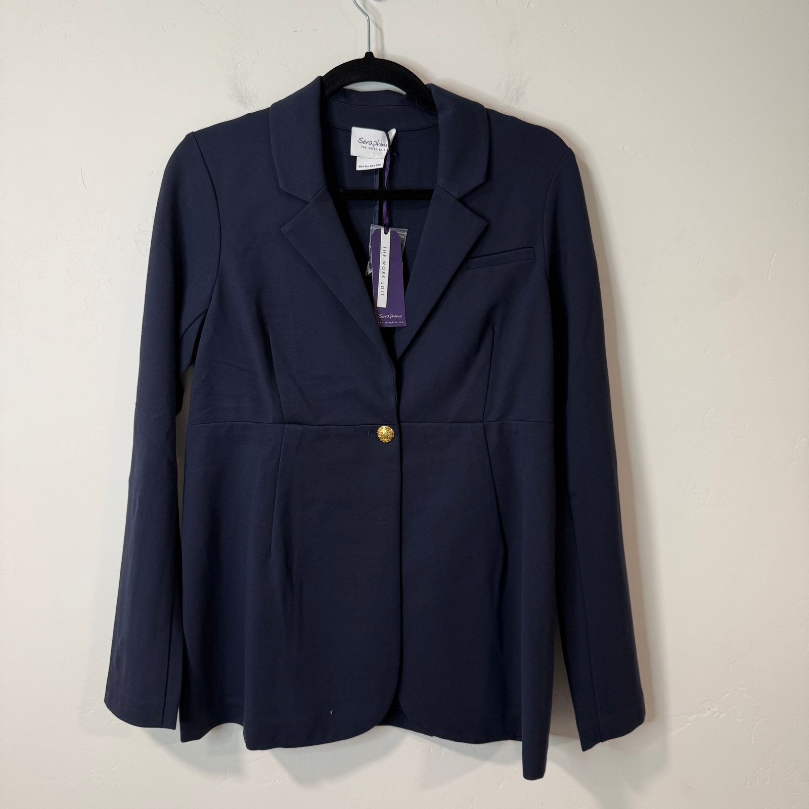Seraphine Women's Belted Ponte Blazer Maternity Stretch Navy Blue Gold 6 NEW
