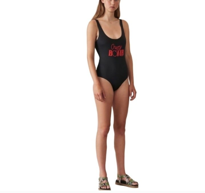 GANNI Cherry Bomb Black Logo One-piece Scoopneck Swimsuit Size: 42 US - Large