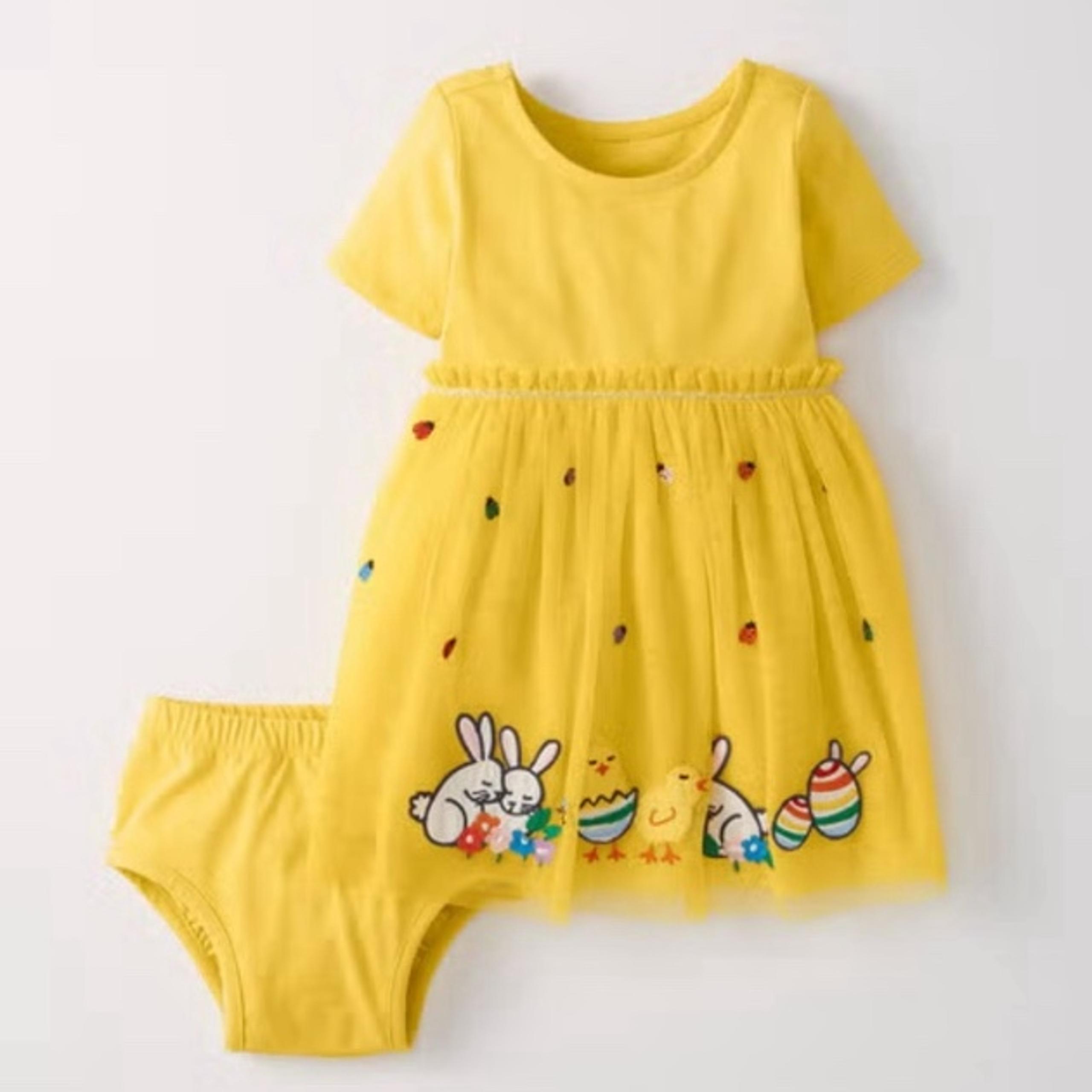 Hanna Andersson Appliqué Dress In Soft Tulle in Swedish Yellow Easter Bunny