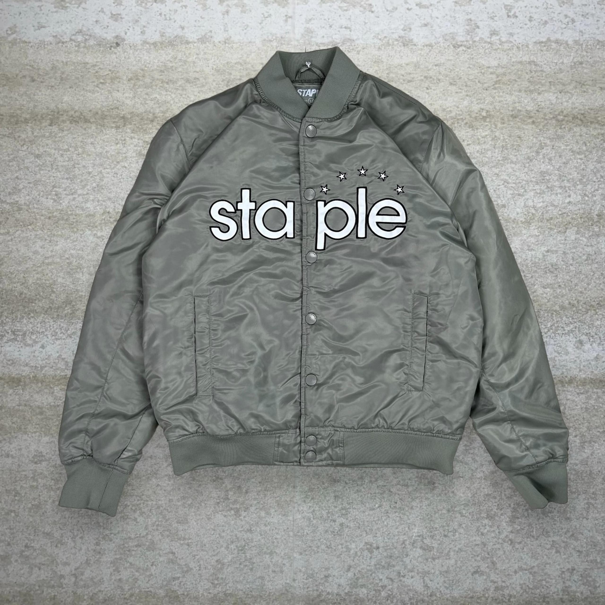 Staple Satin Jacket Sage Green White Spellout Logo Button Up Skate Wear