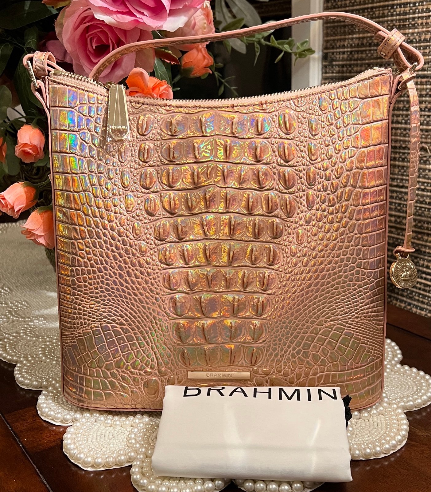 NWT Brahmin Katie Crossbody in Holographic Rose Gold