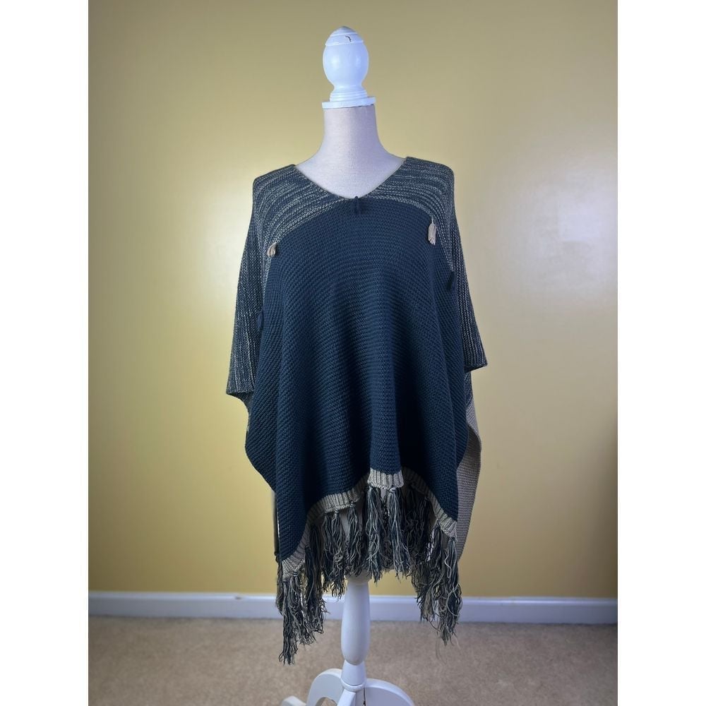 Chic Ruff Navy Gray Knit Poncho Fringe Tassel Detail Boho Sweater Cape
