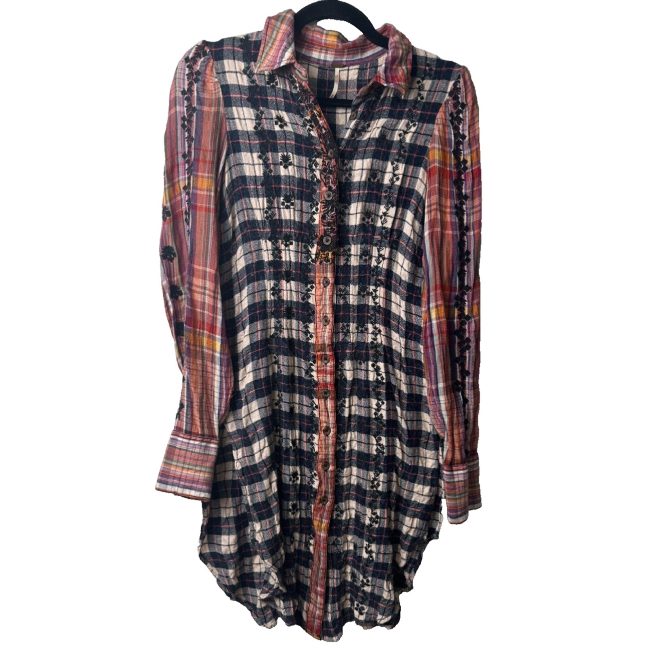 Free People Plaid Shirt Dress Womens M Button Down Embroidered Wool Blend A9