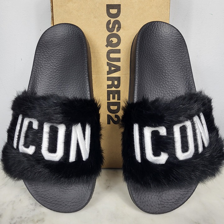 NWB~825~DSQUARED2~8/8.5~ICON BLACK WHITE GENUINE RABBIT FUR SANDALS SLIDES