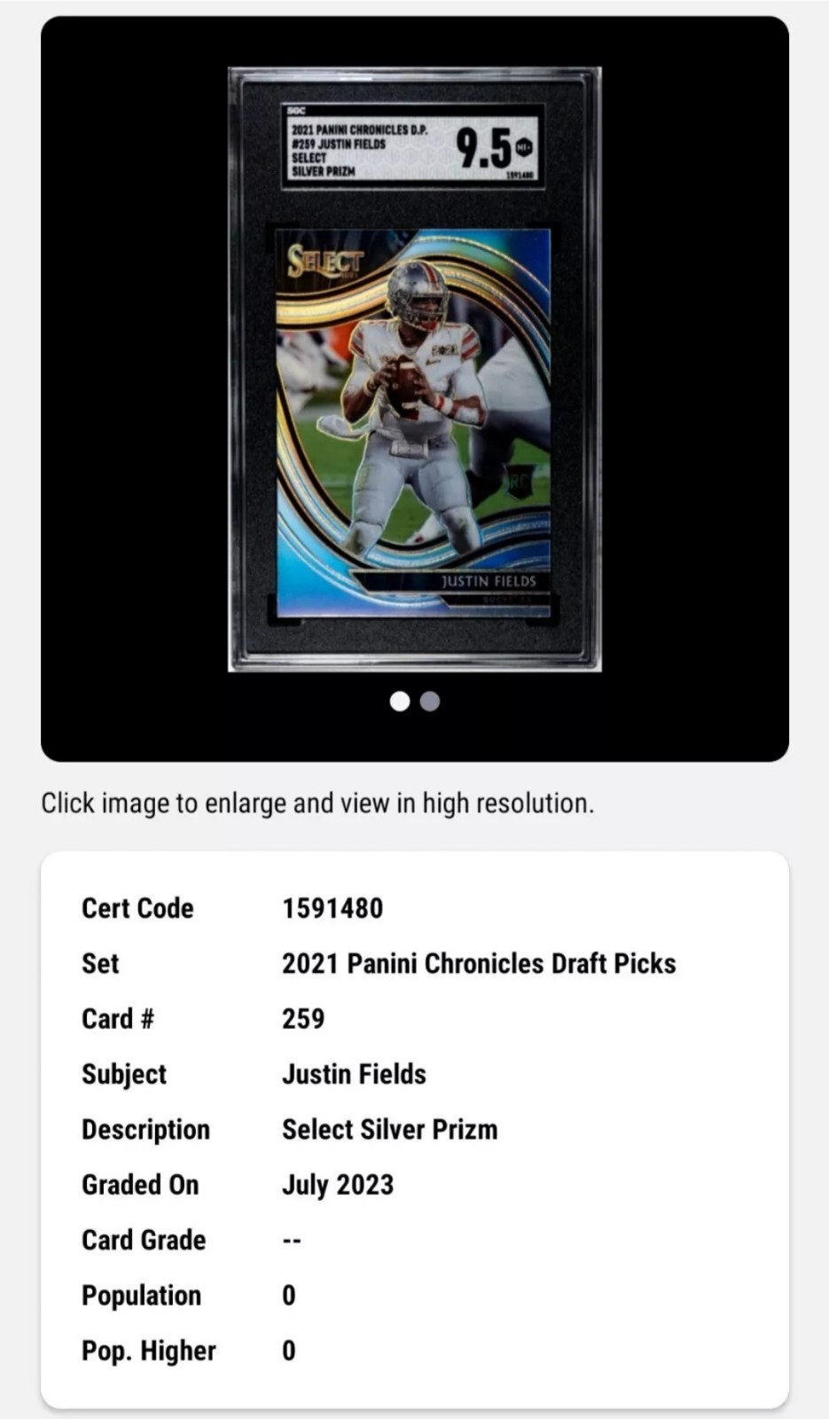2021 Panini Chronicles D.P. Select #259 Justin Fields RC Silver Prizm SGC 9.5