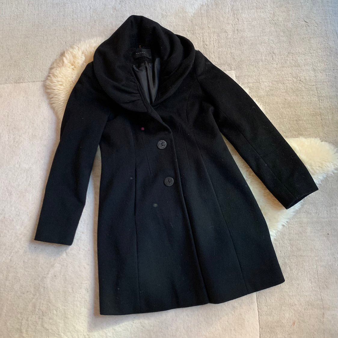 Tahari Black Classic Designer Cowl Collar Wool Winter Pea Coat