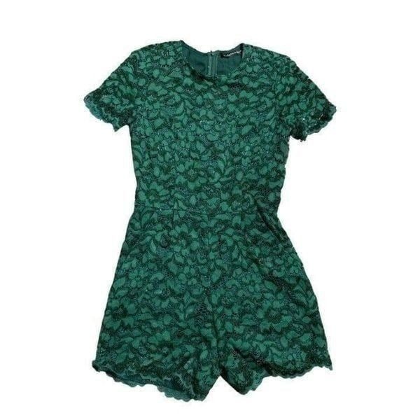 zara womens solid pine forest green lace short sleeve jumpsuit romper xs