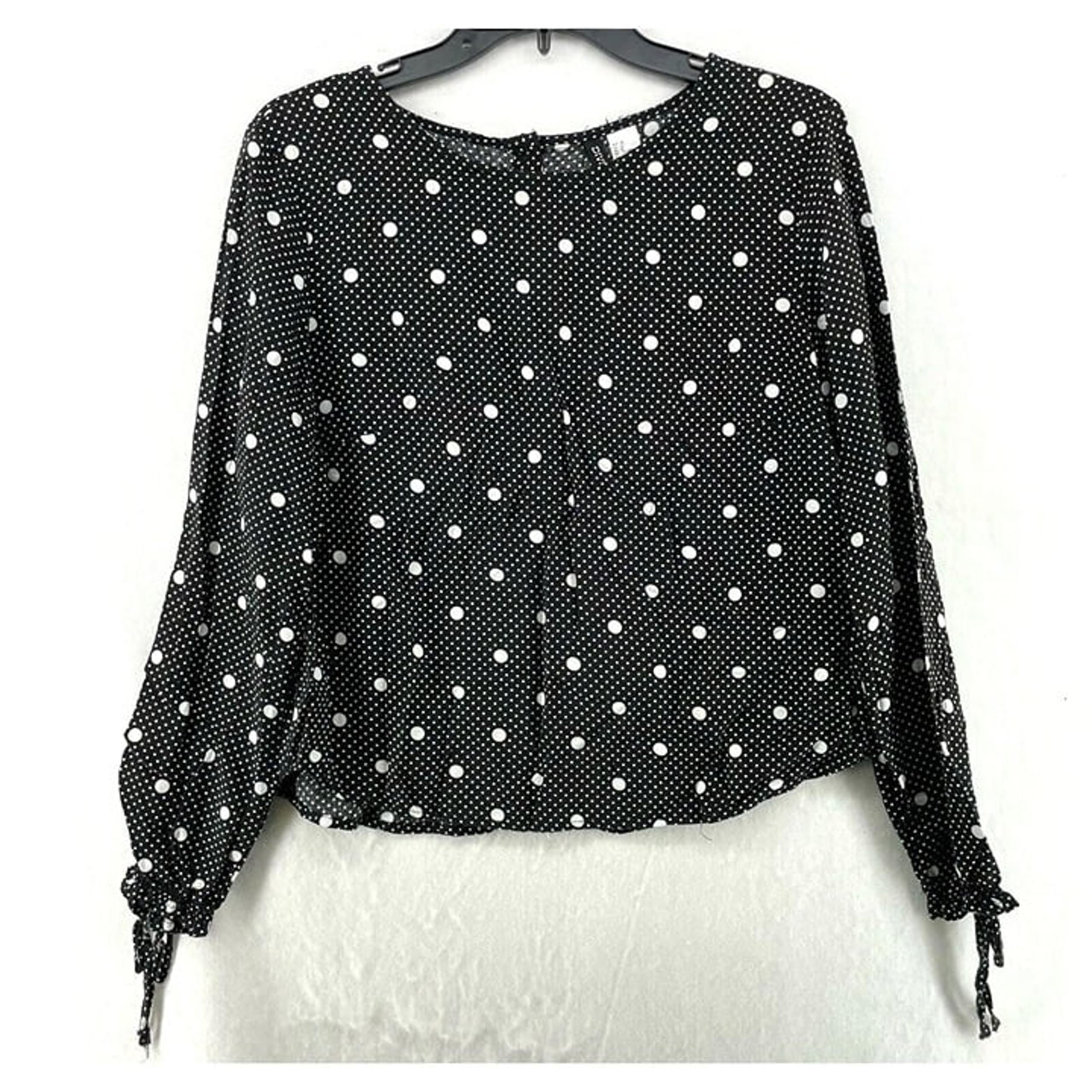 Divided by H&M Blouse Women's Sz 8 Black White Polka Back Button Long Sleeve Tie