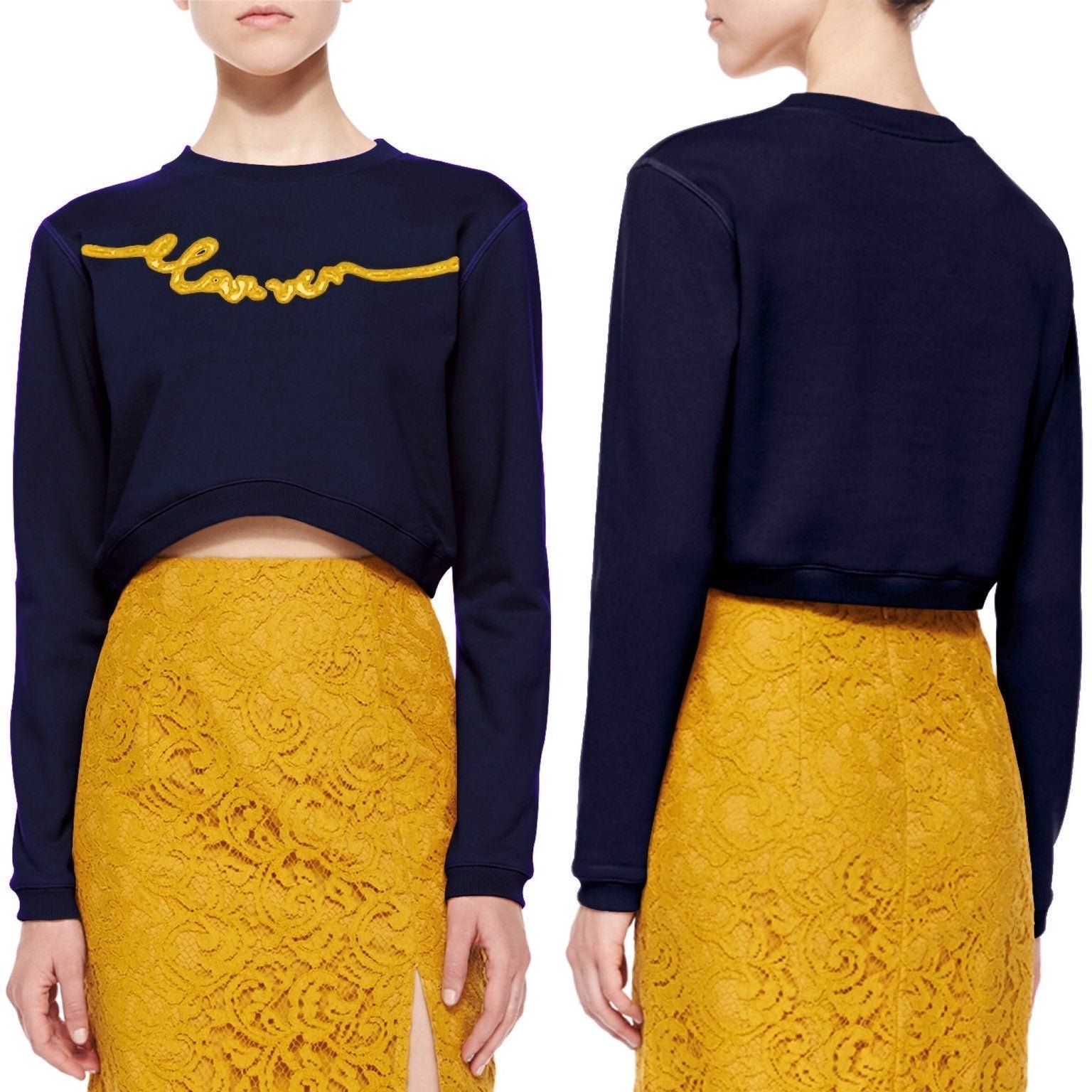 Carven navy blue embroidered cropped pullover sweatshirt sweater size M medium
