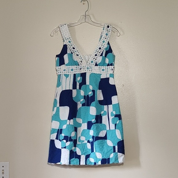 Tina Turk Blue/Teal/White abstract sleeveless dress size 4