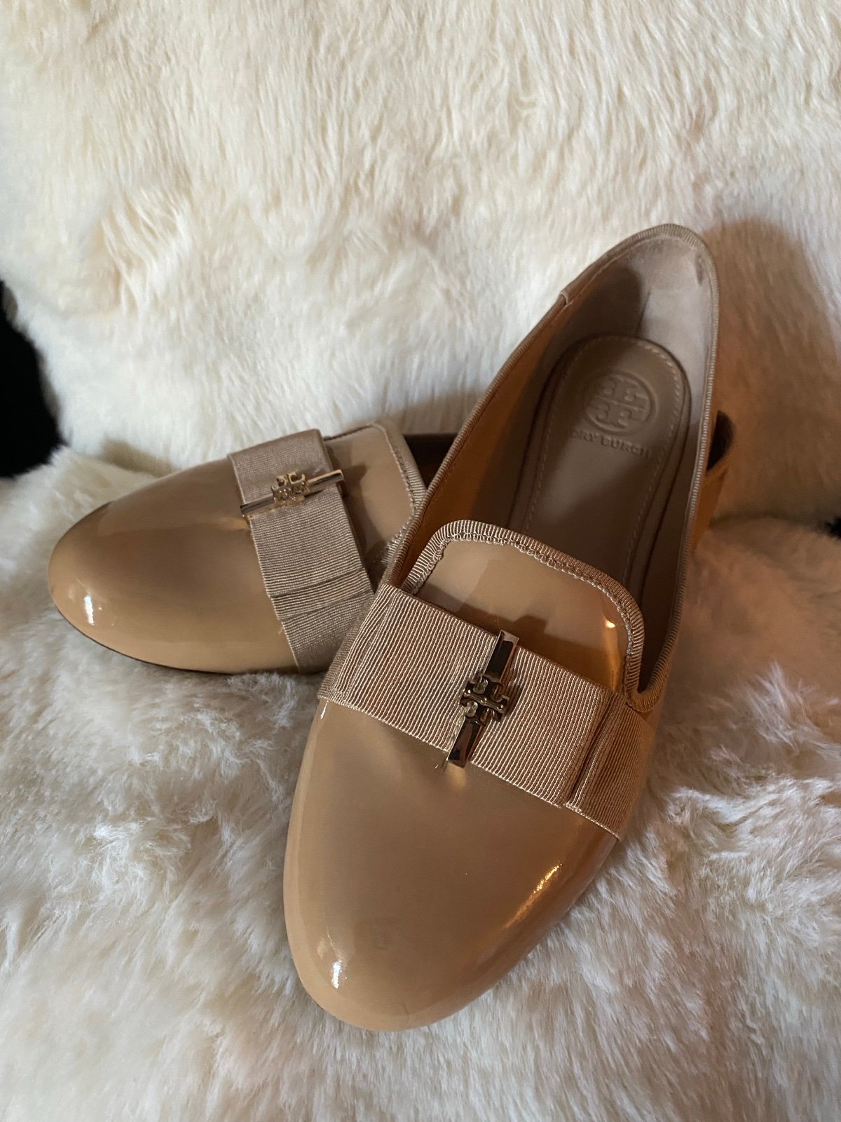 Tory Burch tan leather flats with bow