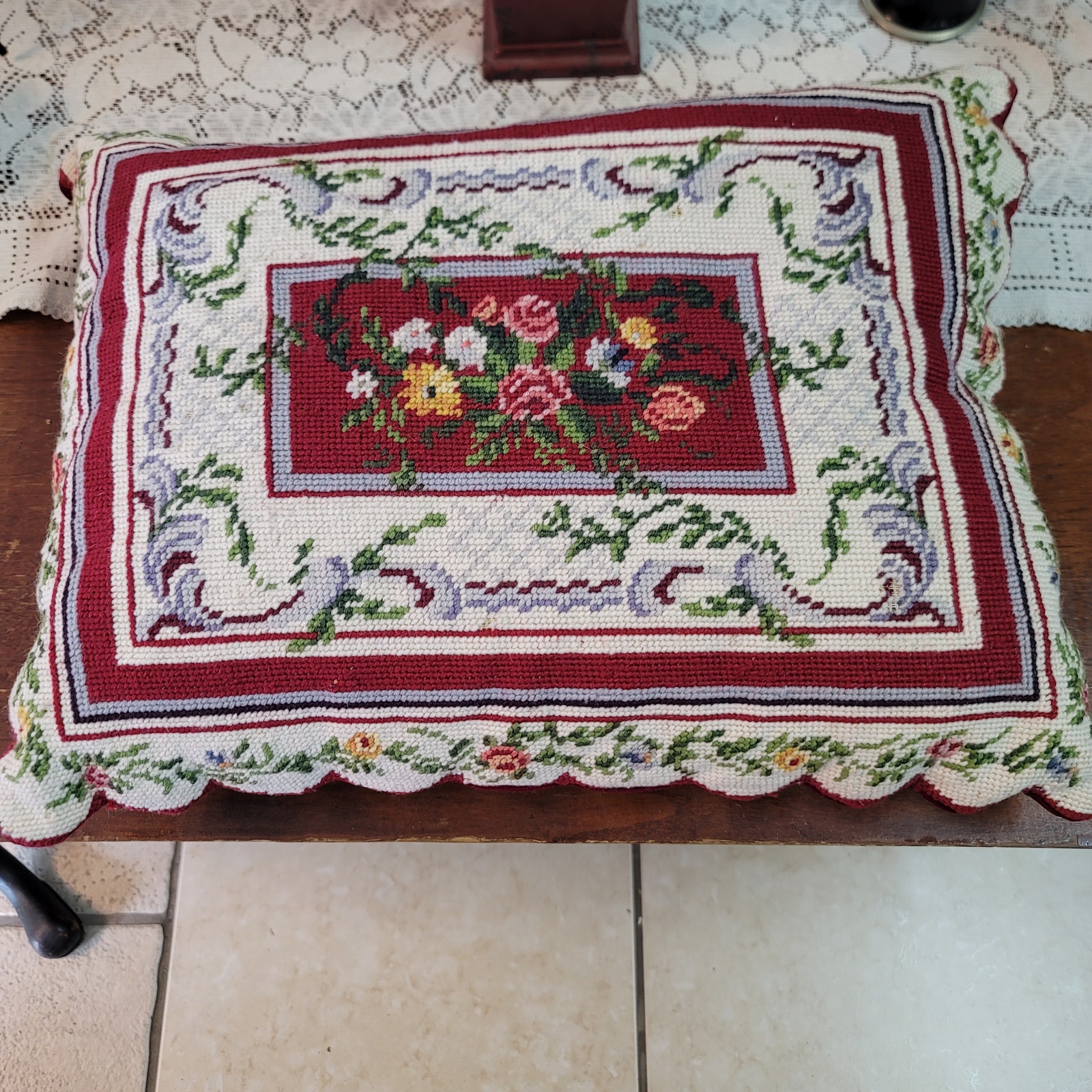 Needlepoint pillow Floral Bouquet Large 18 x 14 Zip Back scallop edge velvet