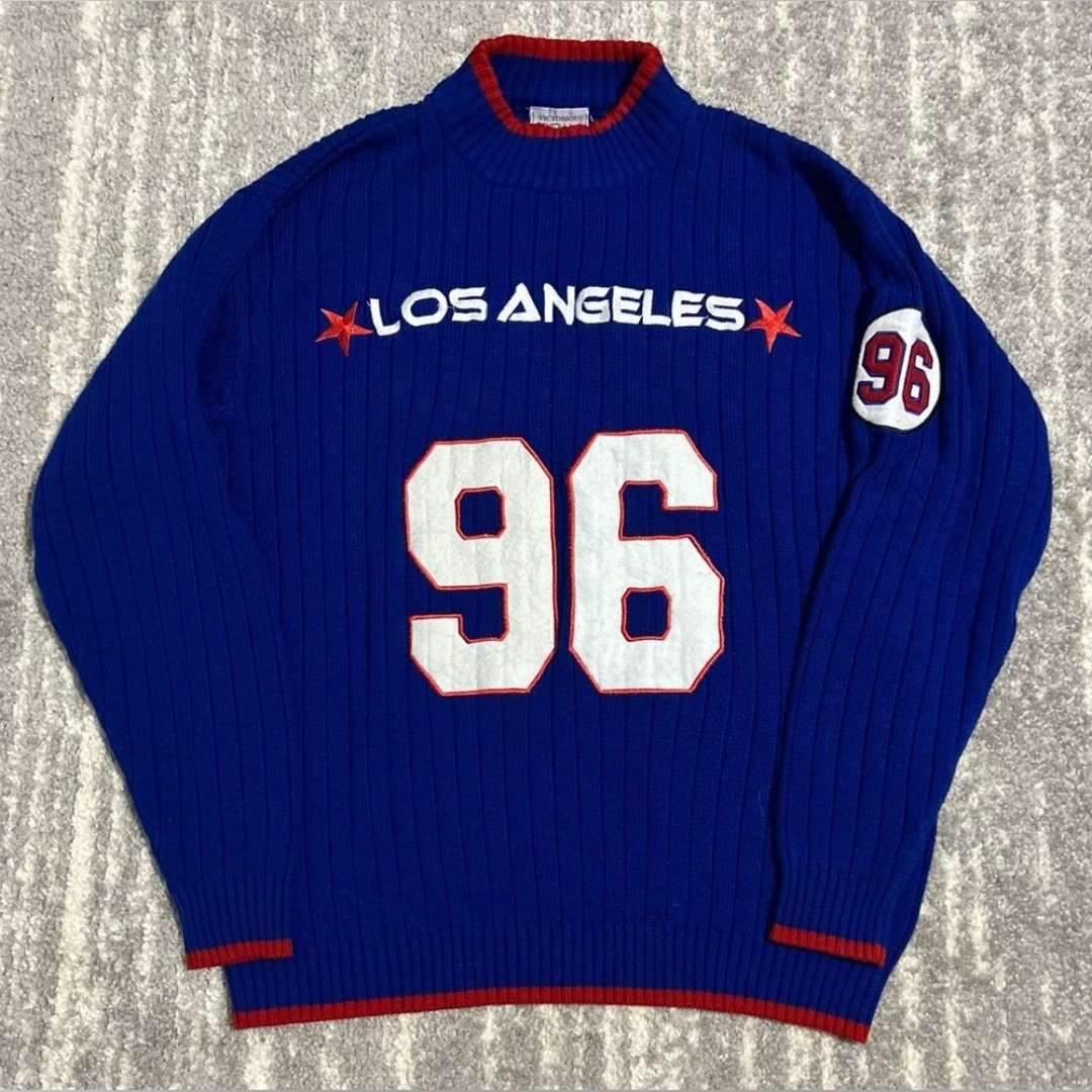 Vintage Los Angeles Knit Sweater Mens Sz L Mock Neck 1996 Blue Red Sports Patch