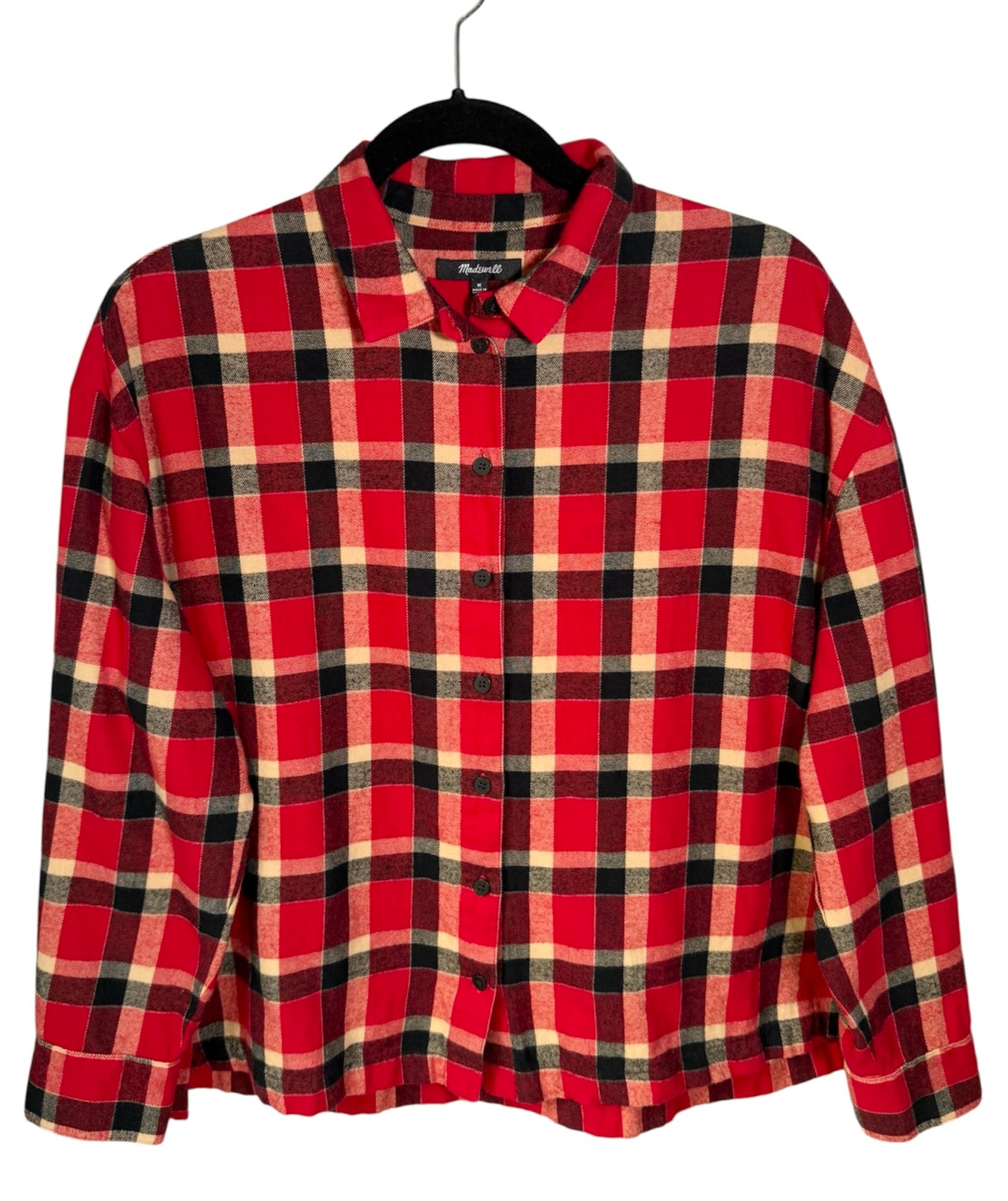 Madewell Flannel Shirt Women’s Medium Plaid Button Down Shirt Cropped Red Collar