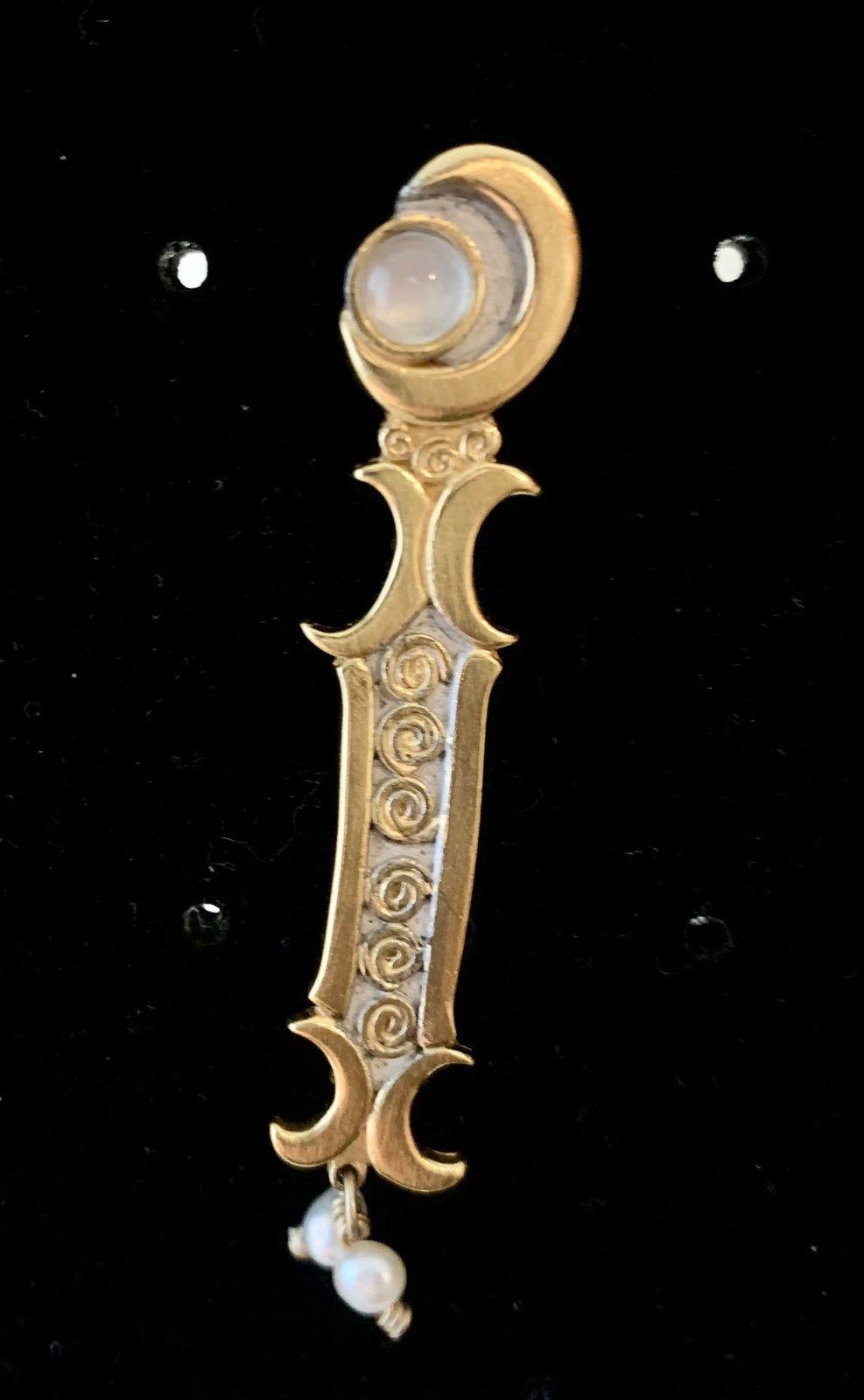 VTG Bar Brooch Gold Over 925 Double Crescent Moon Pearl And Moonstone Elegant