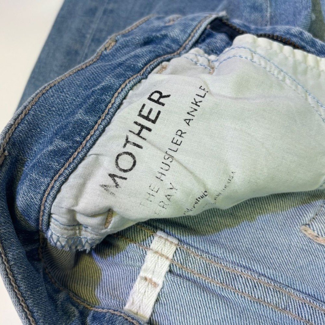 MOTHER Blue Hustler Ankle Fray Jeans with Cut Outs at Knees