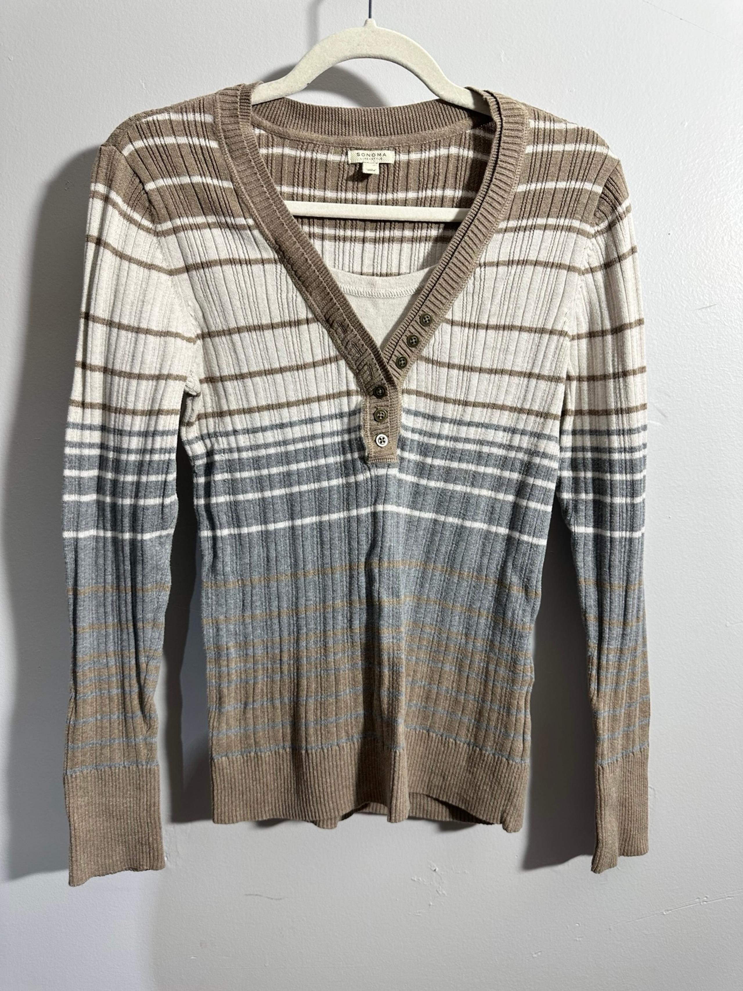Sonoma Brown Cream Gray Striped V-Neck Sweater Women's Size Large