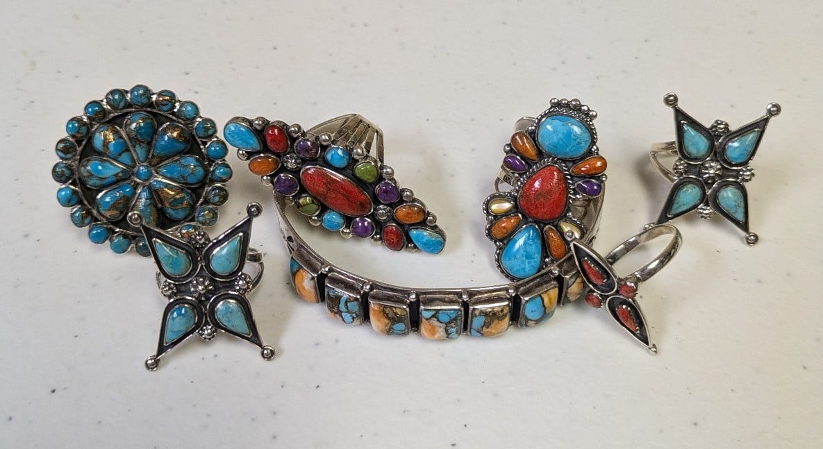 Turquoise network sterling silver ring and cuff bracelet lot