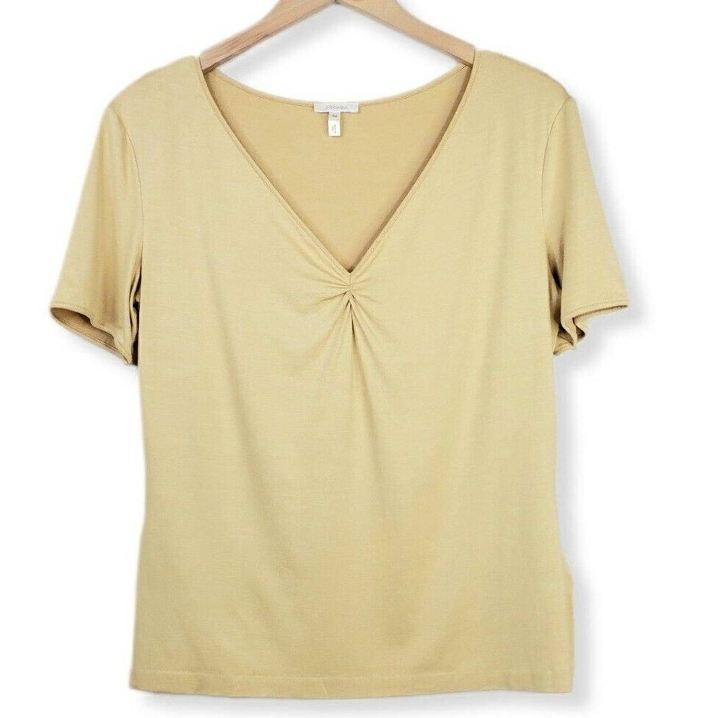 90s VTG Escada Women Silk Knit Top M Short Sleeve V Neck Minimalist Gold