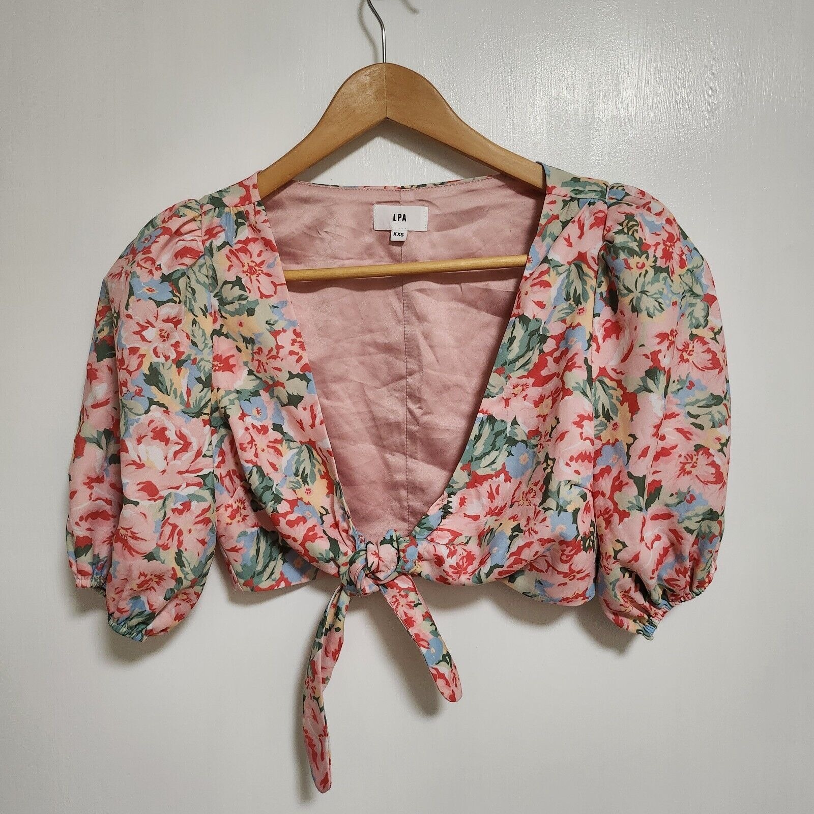 LPA satin floral crop top with puff sleeves