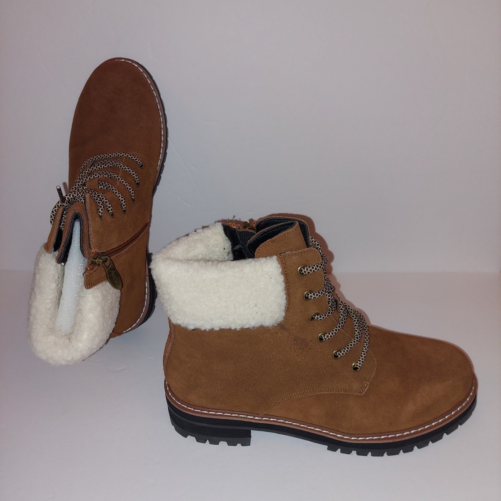 Aqua Diva Sola Faux Shearling Cuff Brn Wht Laceup Leather Boots Womens Sz 41/9.5