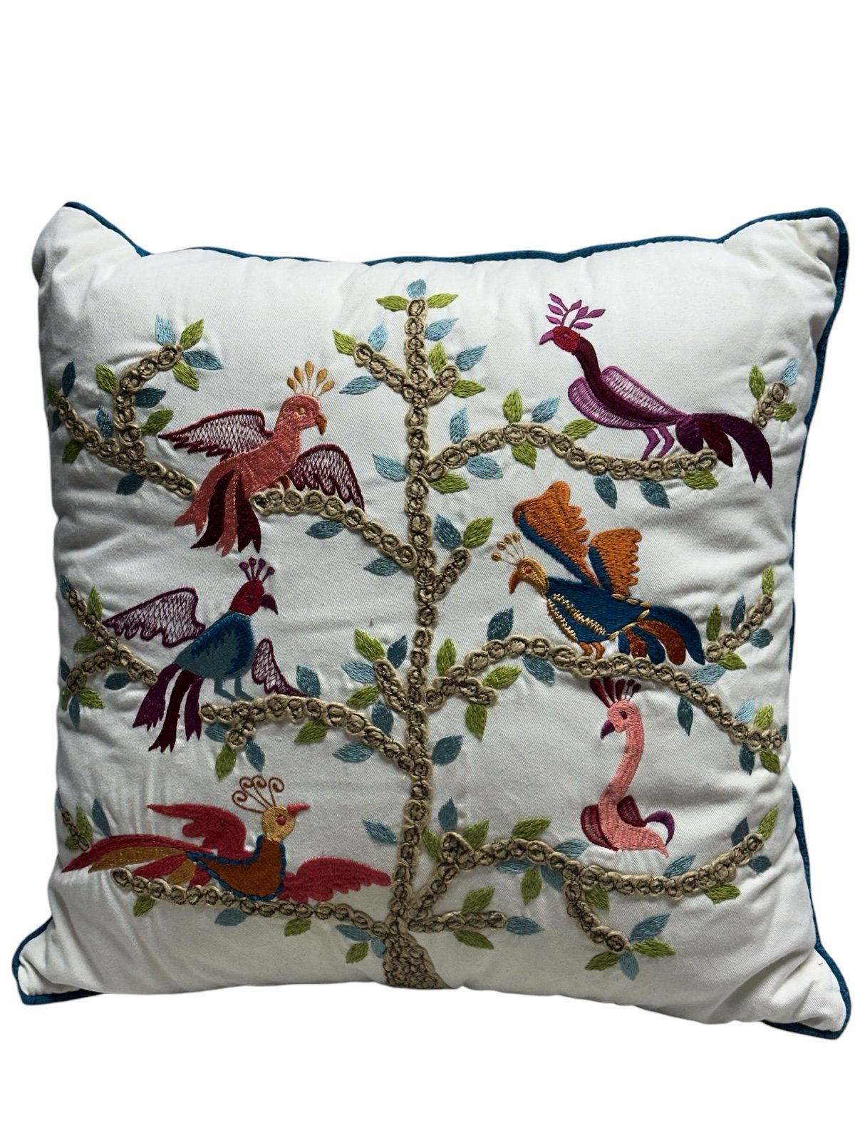 VINTAGE Embroidered Colorful Bird Accent Pillow Square White Blue Multi Colors