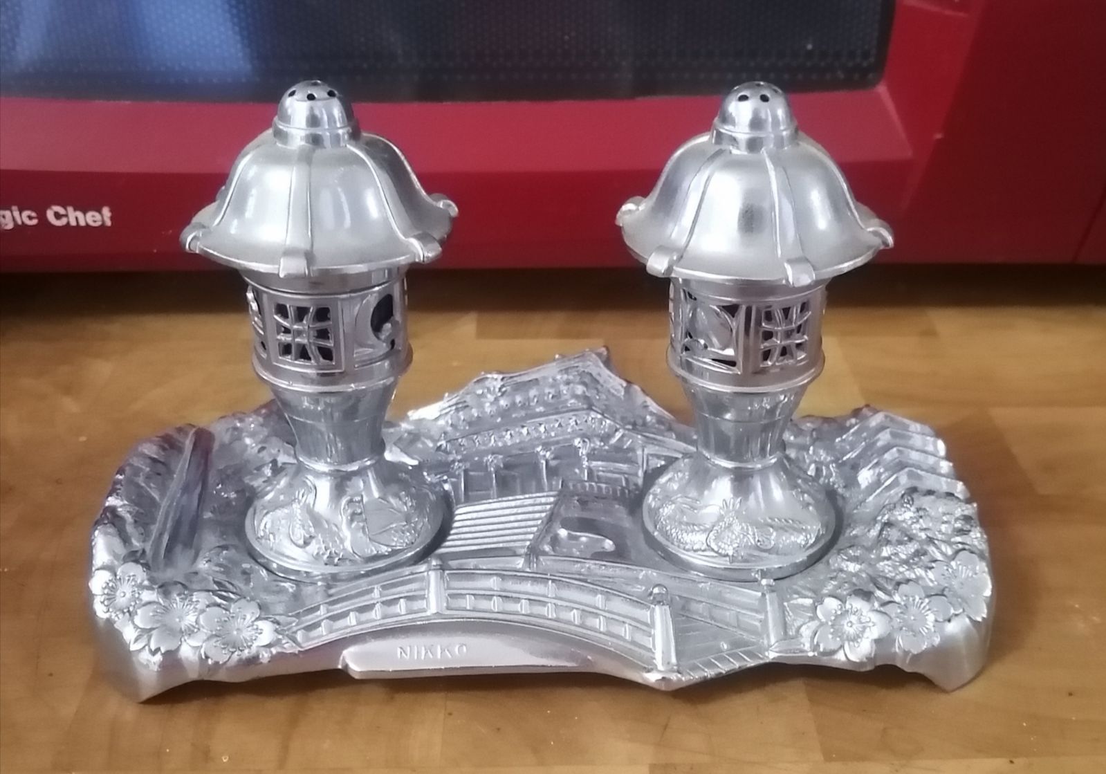 1950s Vintage, Antique Nikko Silver colored, Asian Salt and Pepper Shakers