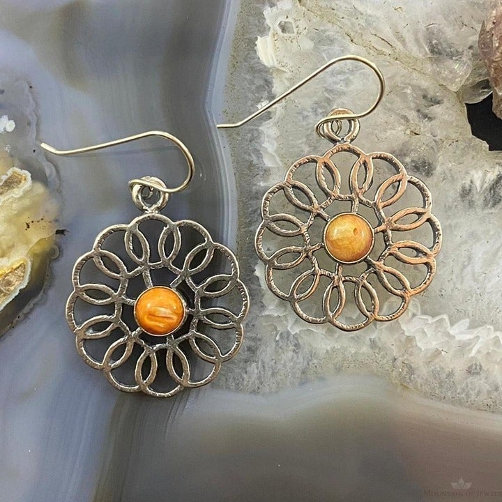 Sterling Silver Round Spiny Oyster Flower Fashion Dangle Earrings For Women