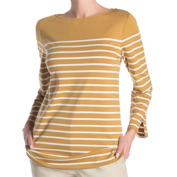 LAFAYETTE 148 Wes Boat-neck 3/4-sleeve Breton Striped Top In Chablis/cloud Small