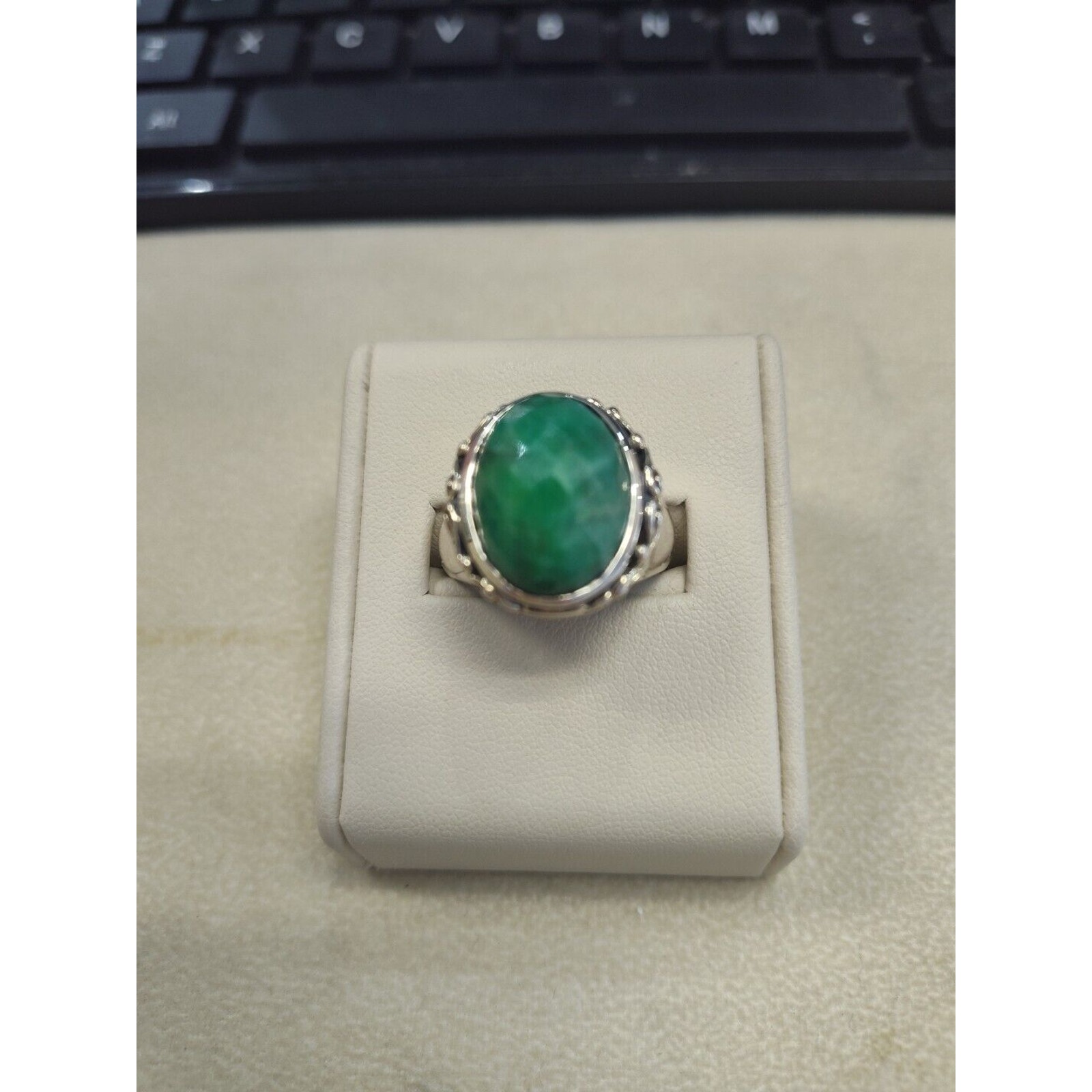 Natural Emerald Checkerboard Oval Bezel Sterling Silver Ring Size 10 Thailand