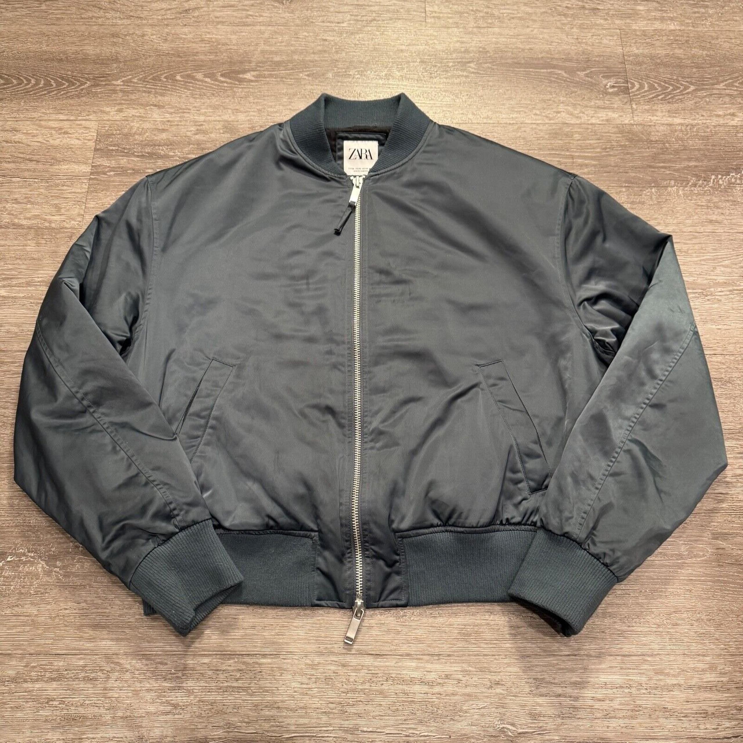 Zara Bomber Jacket Mens XL Blue Green Satin Full Zip Flight Coat Herrington
