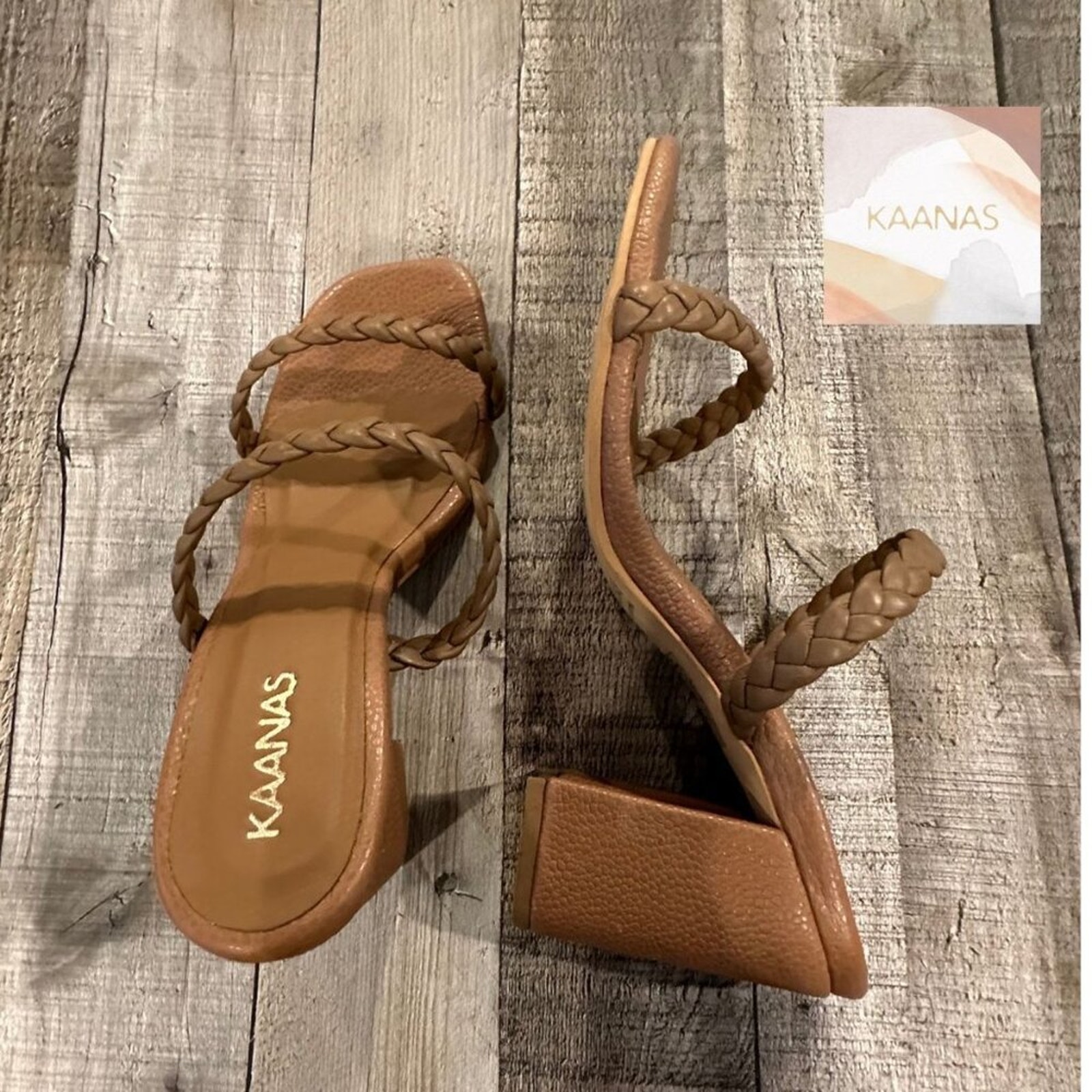KAANAS Binjai Double Braid Straps Block Heel Sandal Slip On | Size 7