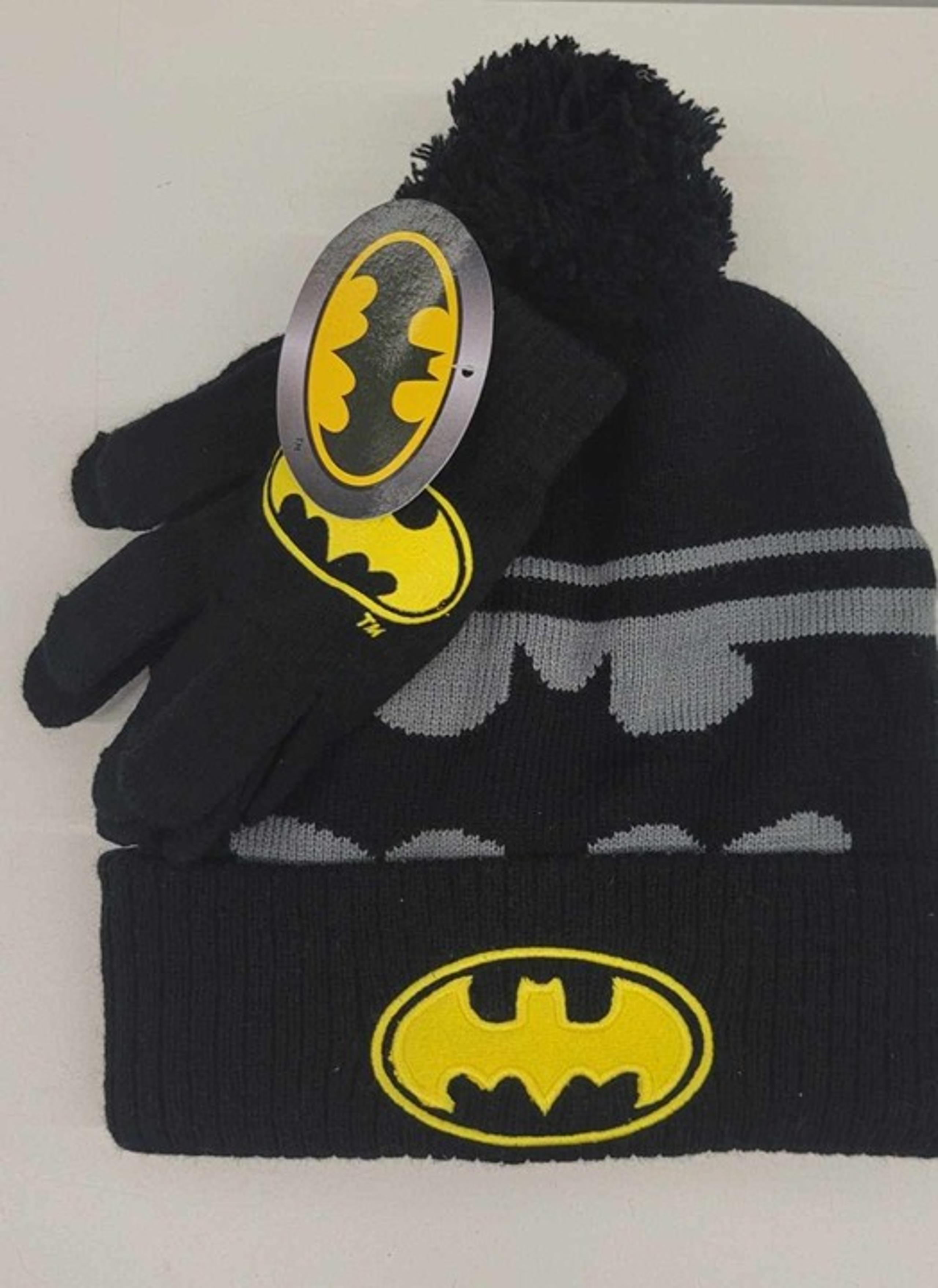 Kids Batman Logo Knit Beanie Hat & Gloves Black Hero 2-Piece Set