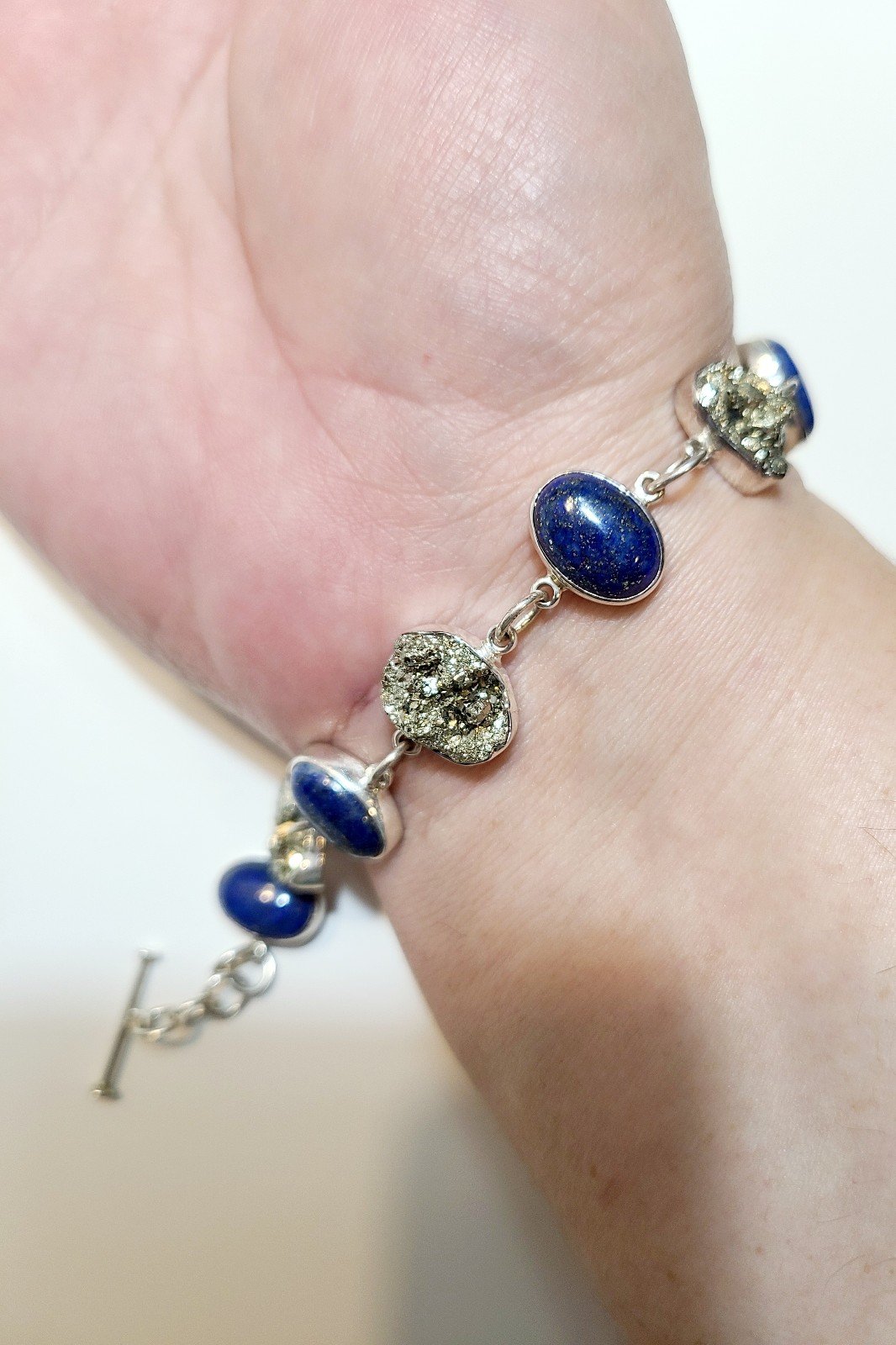 Lapis Lazuli & Pyrite Natural Stone's Bracelet in Sterling Silver 9.25