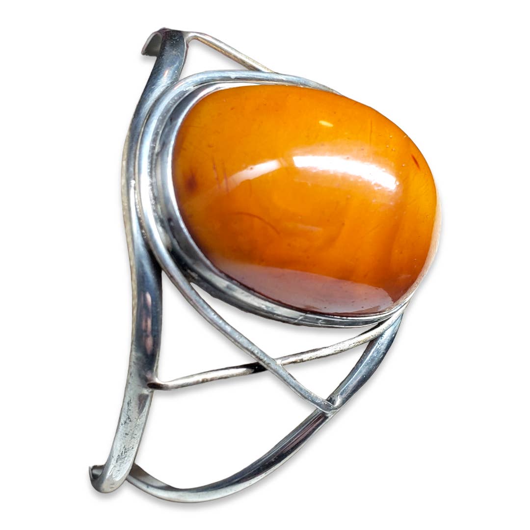 Vintage Butterscotch Amber Bakelite Sterling Silver Cuff Bracelet
